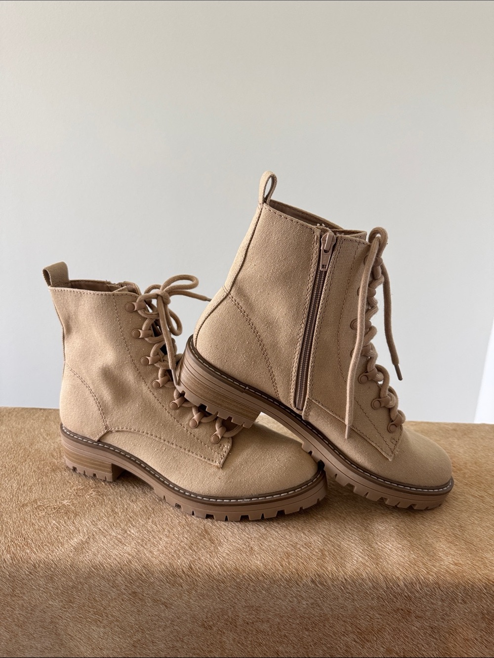 Target Beige Lace-Up Combat Boots with Side Zipper